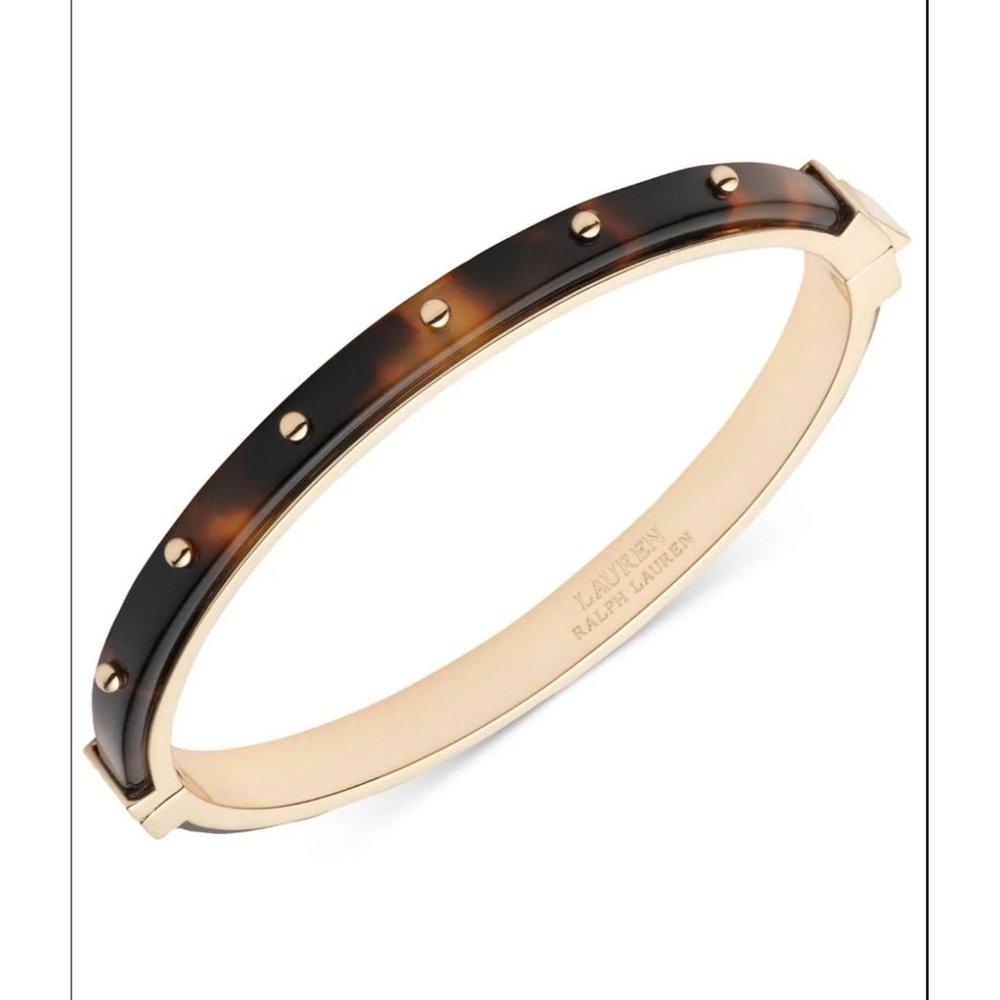 NWT Ralph Lauren Tortoise Gold Studded Bangle Clamper Bracelet Huggie Earrings - Picture 3 of 14